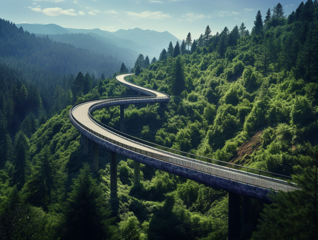 Beautiful green earth bridge with trees and road