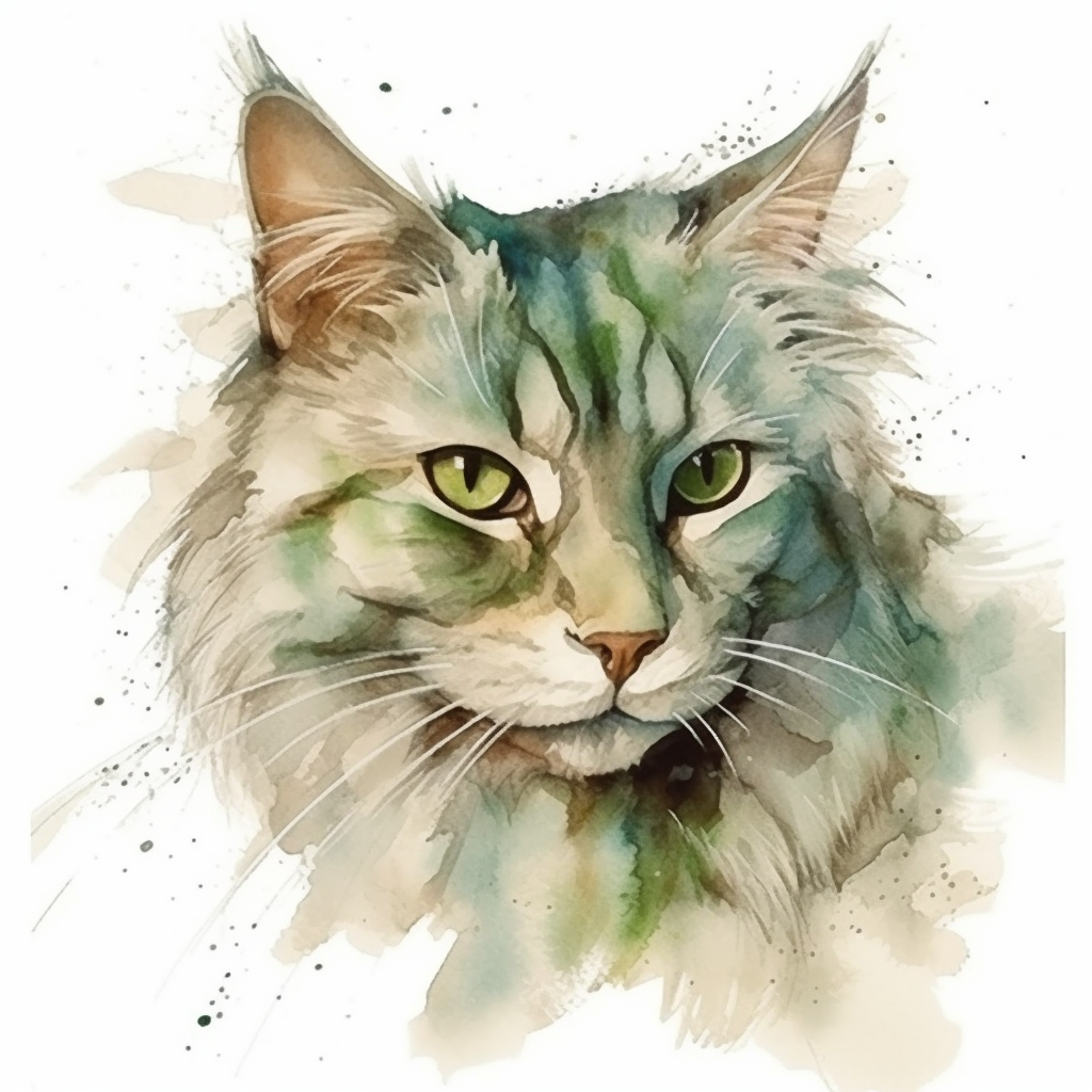 Watercolor of beautiful green-eyed cat with flowing fur