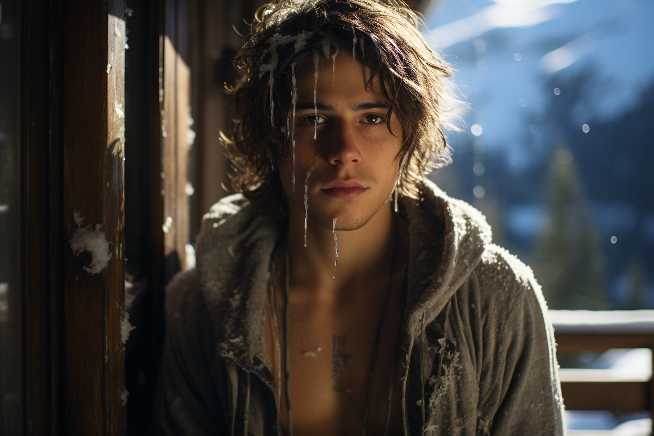 Gorgeous guy sitting outside snowy chalet