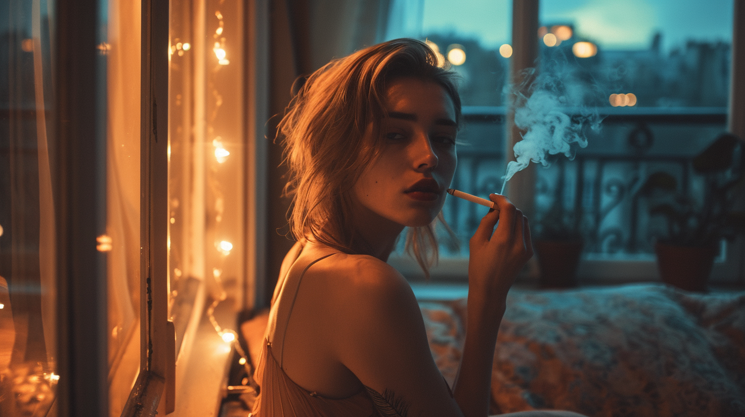 Waist-up photo of a beautiful hip skinny woman in a Parisian bedroom