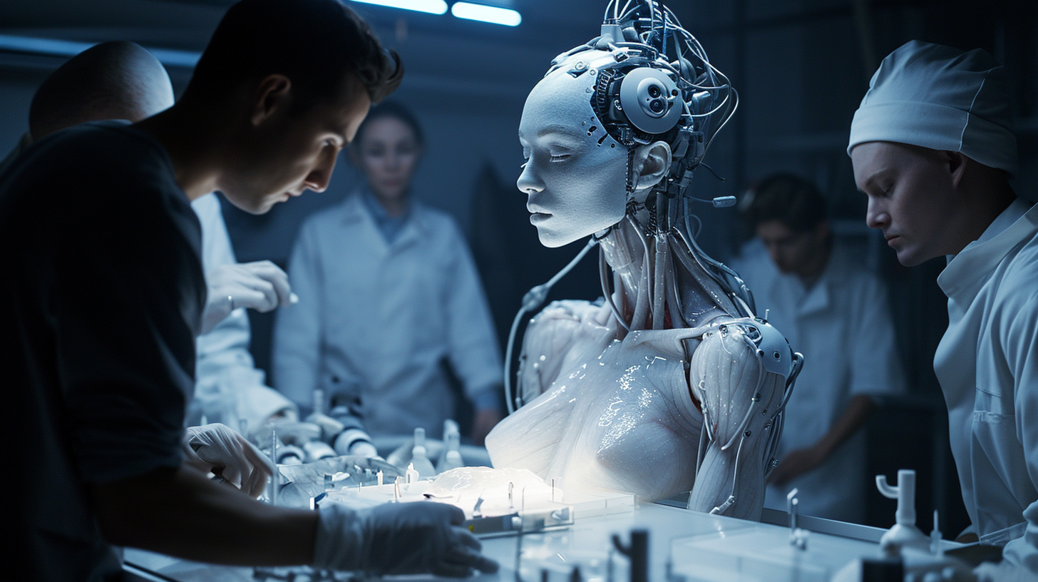 Group of scientists working on a beautiful humanoid robot