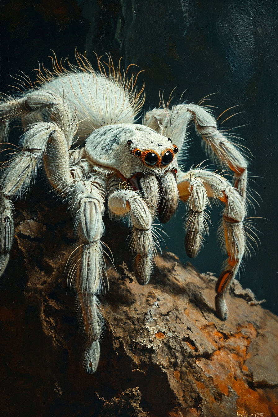 Beautiful humanoid white tarantula in vintage photoshoot