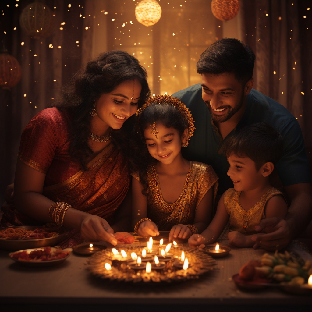 Happy Diwali celebration by an Indian family