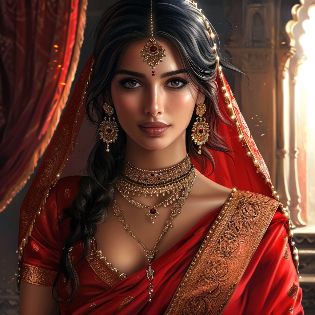 Indian woman in red saree and jewellery