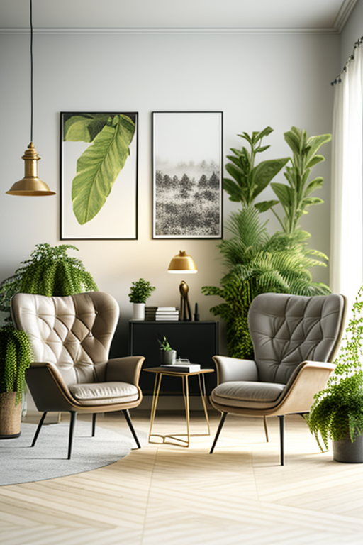 Furniture and plants in beautifully lit interior