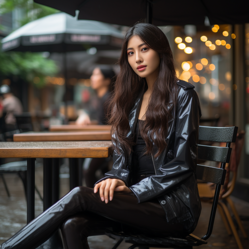 Japanese model wearing medical exam gloves in outdoor cafe