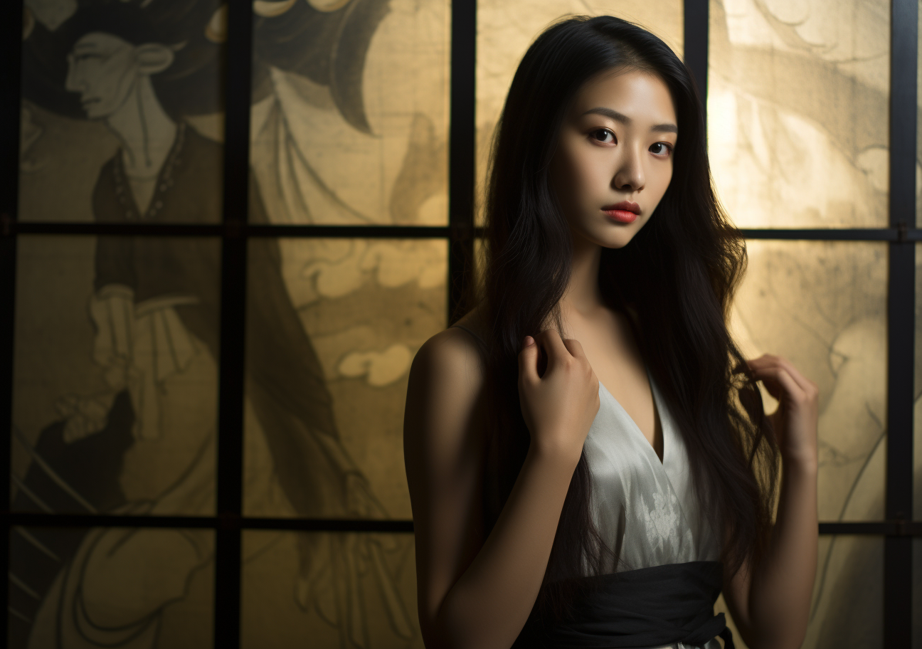 Beautiful Japanese Woman in Slip Dress Standing in front of Screen Wall