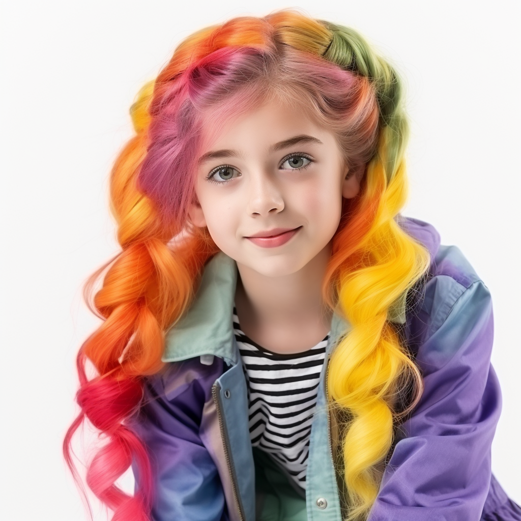 Kid girl with rainbow hair in Halloween outfit