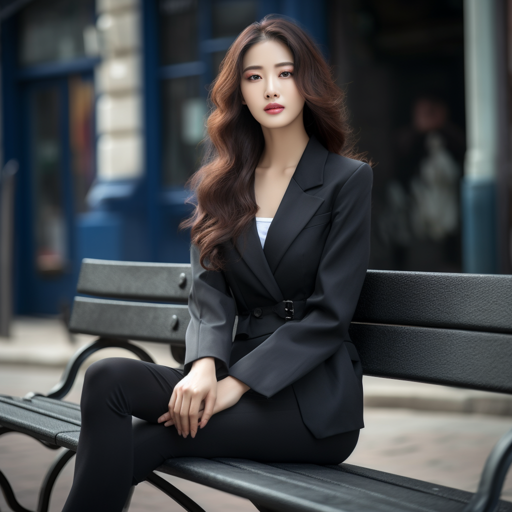 Korean celebrity wearing gloves, blazer, and leggings on a bench