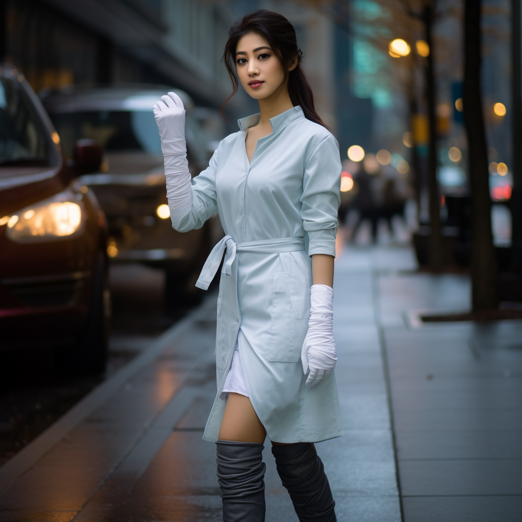 Tall young slim Korean nurse walking on the street