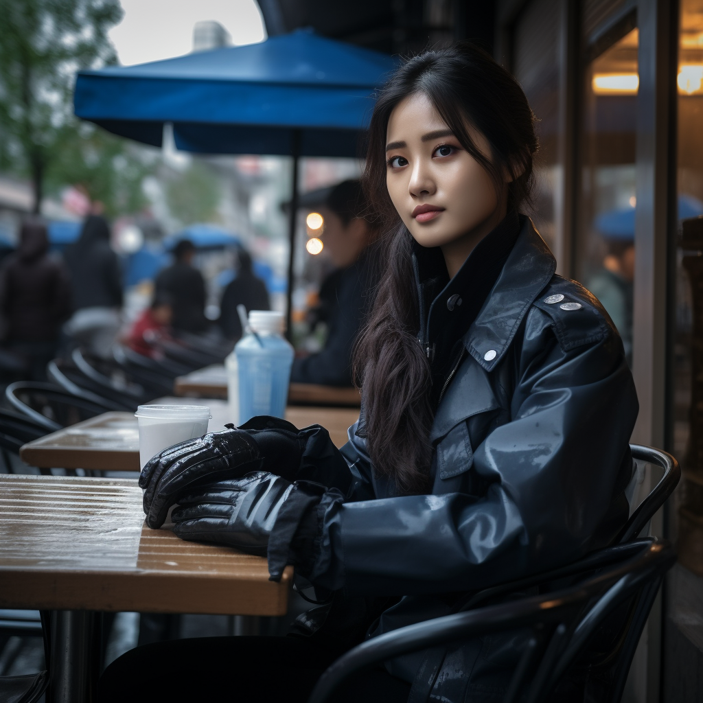 Stylish Korean Policewoman in Rainy Street