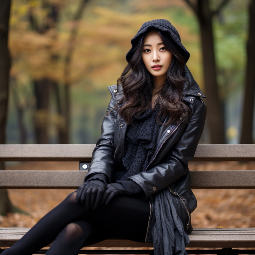 Stylish Korean woman sitting on park bench in fall