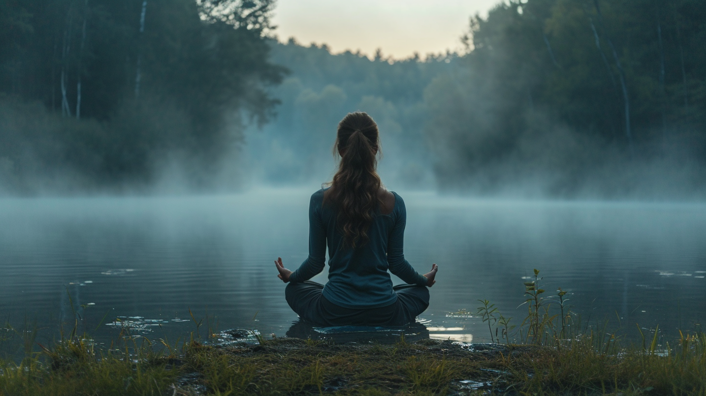 Lady Meditating by Misty Lake