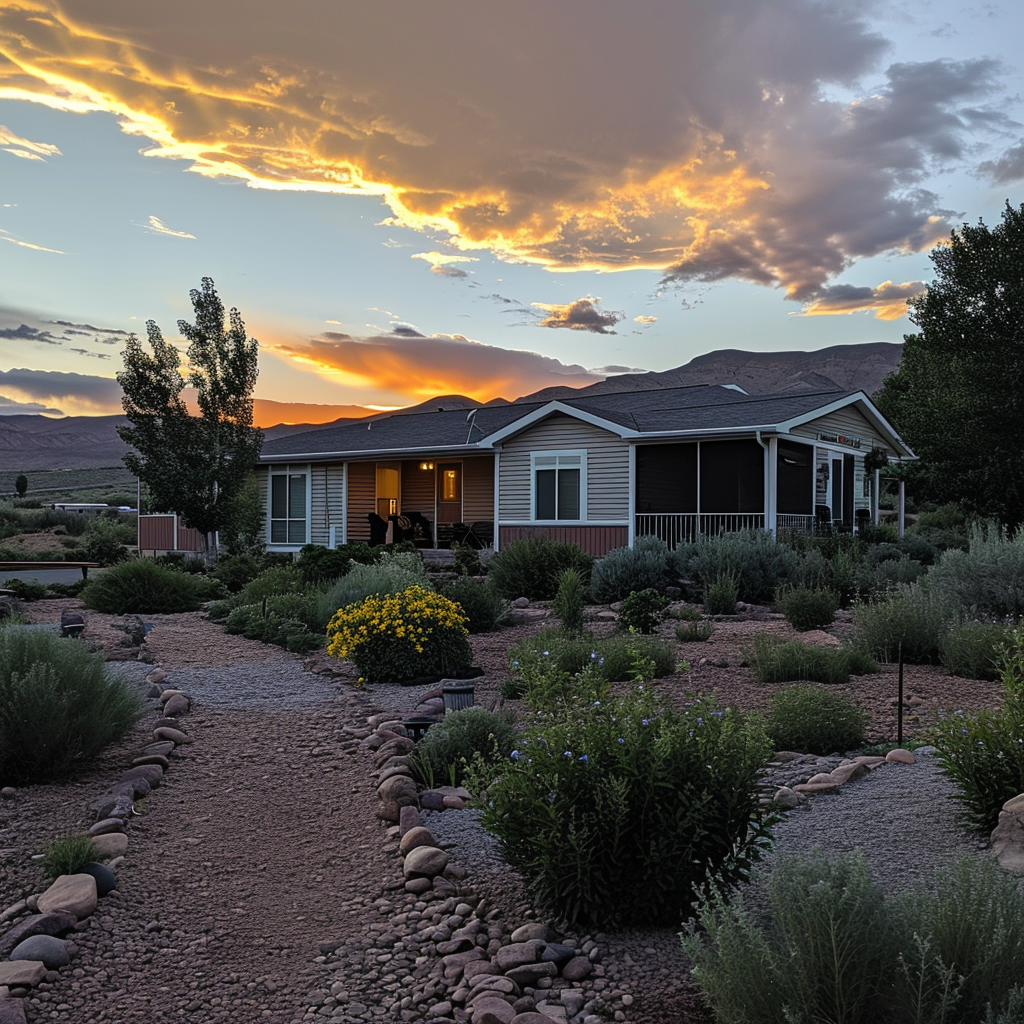 Beautiful landscaping near red mountain sunset