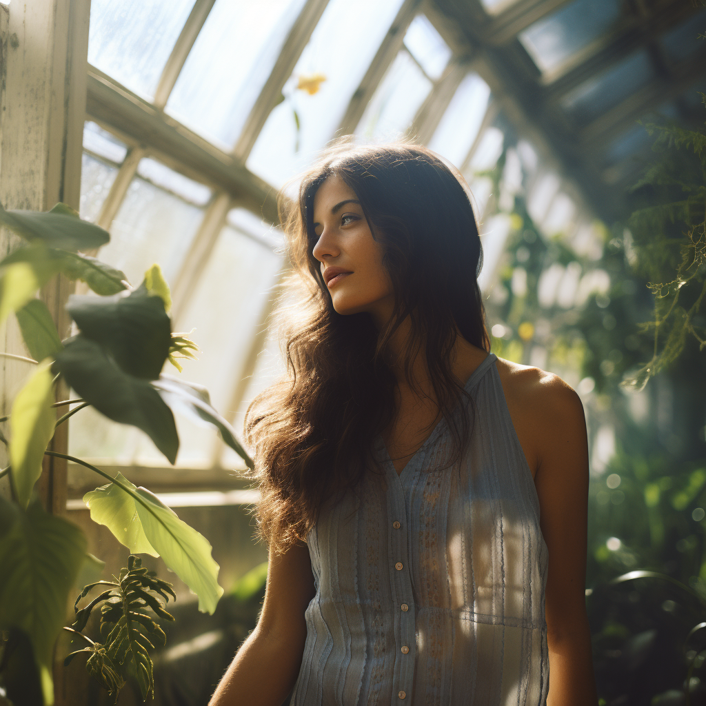 Latin woman in blue shift dress smiling in palm house