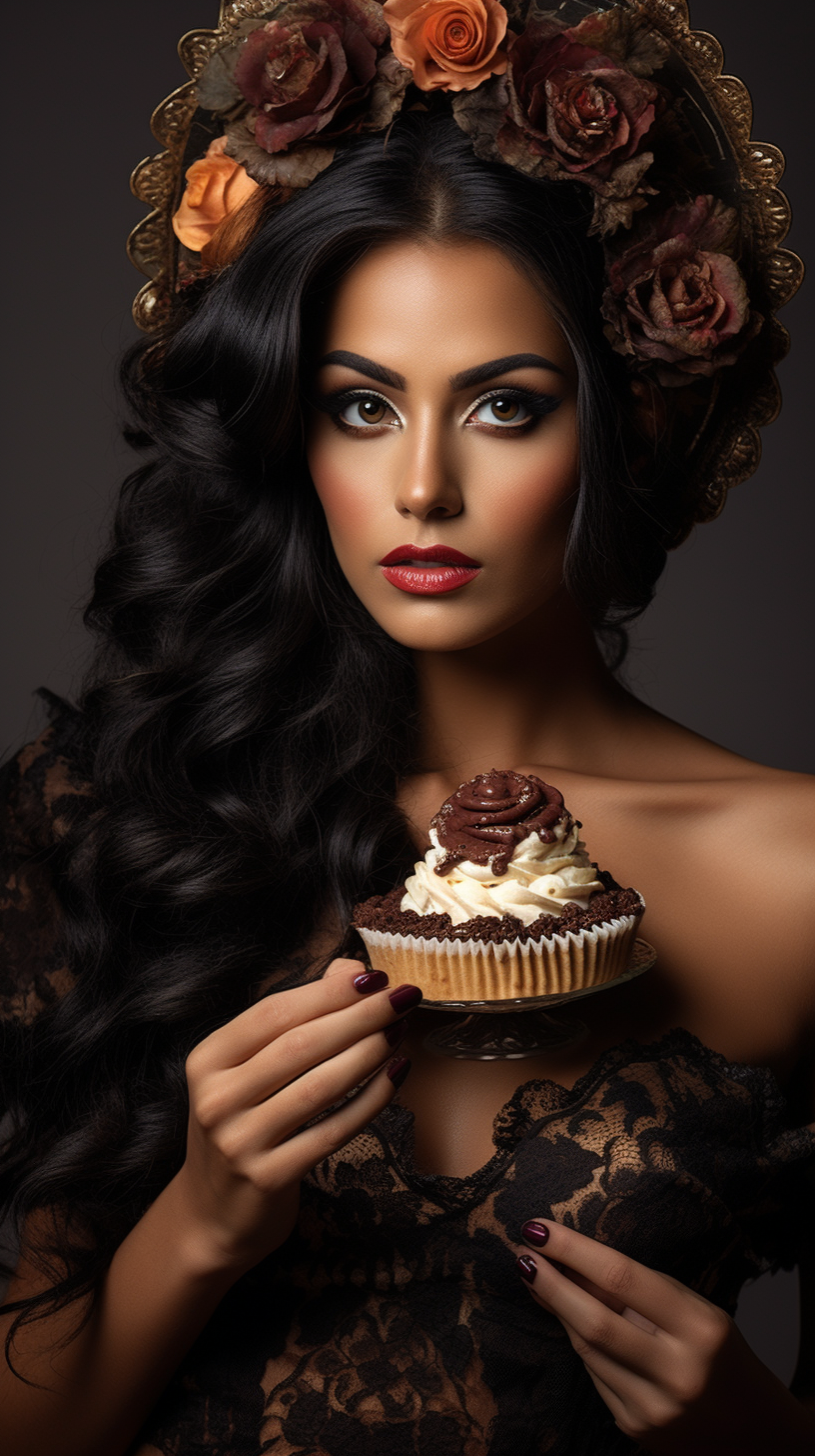 Beautiful Mexican woman indulging in chocolate cake