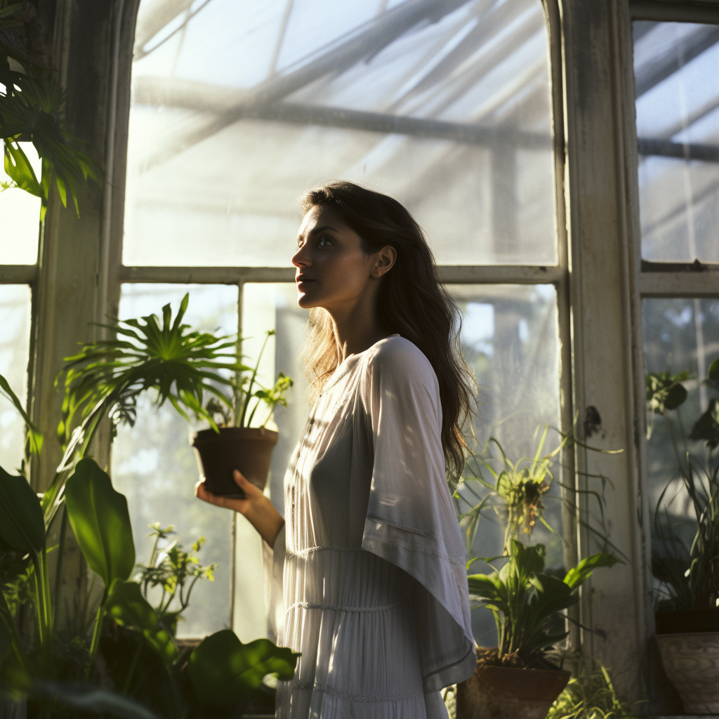 Mexican woman tending to plants in palm house