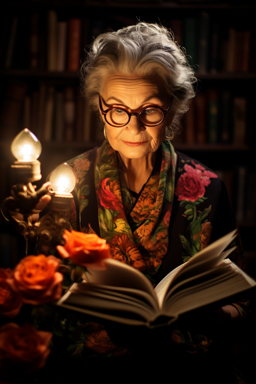 Professional middle-aged woman with glasses reading a book  ?