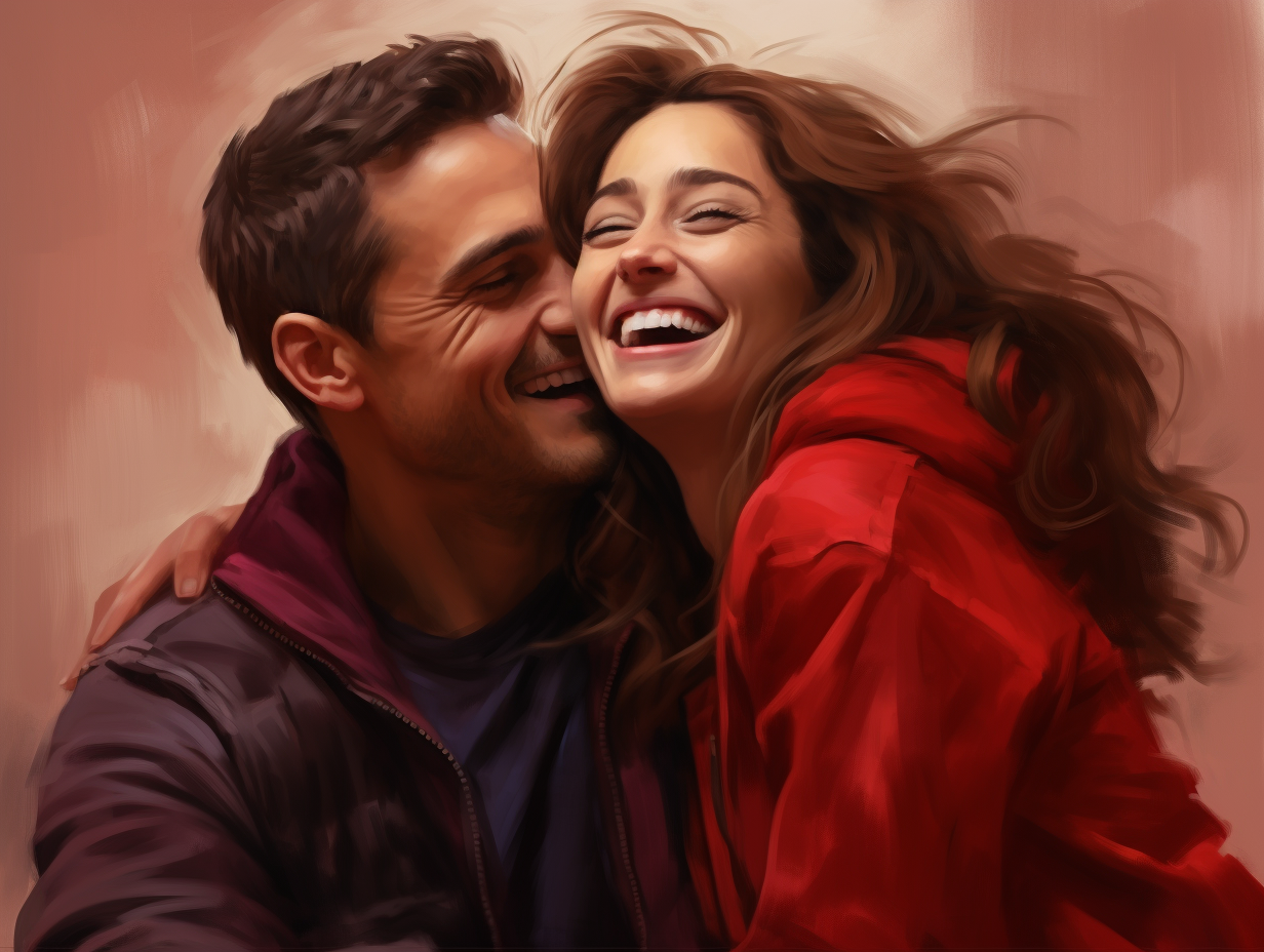 Model couple laughing in red sweaters