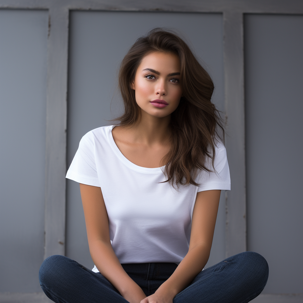 Stunning model in denim jeans and white shirt