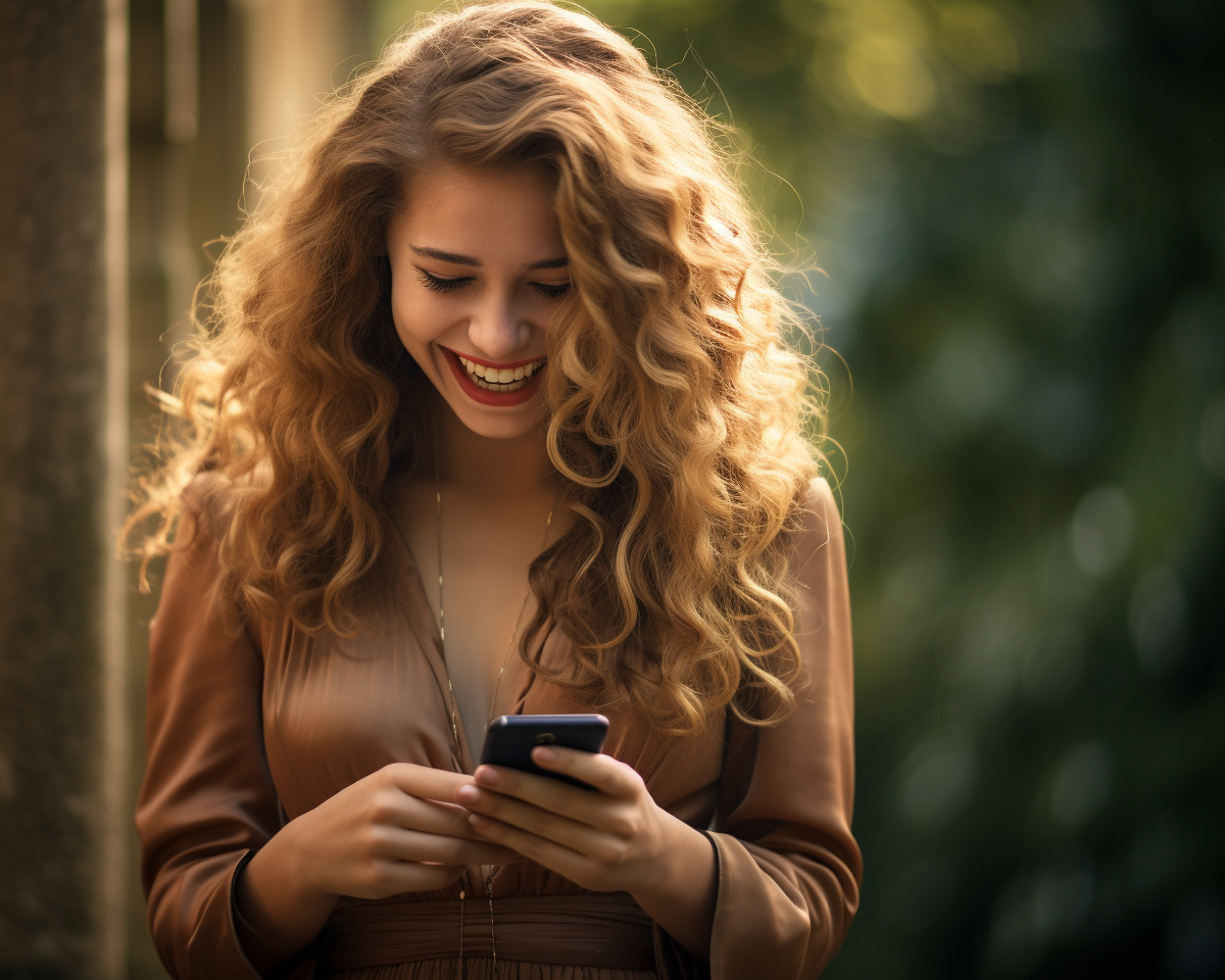 Model laughing while texting on phone