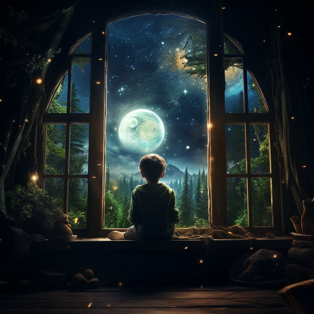 Child gazing at magical night forest