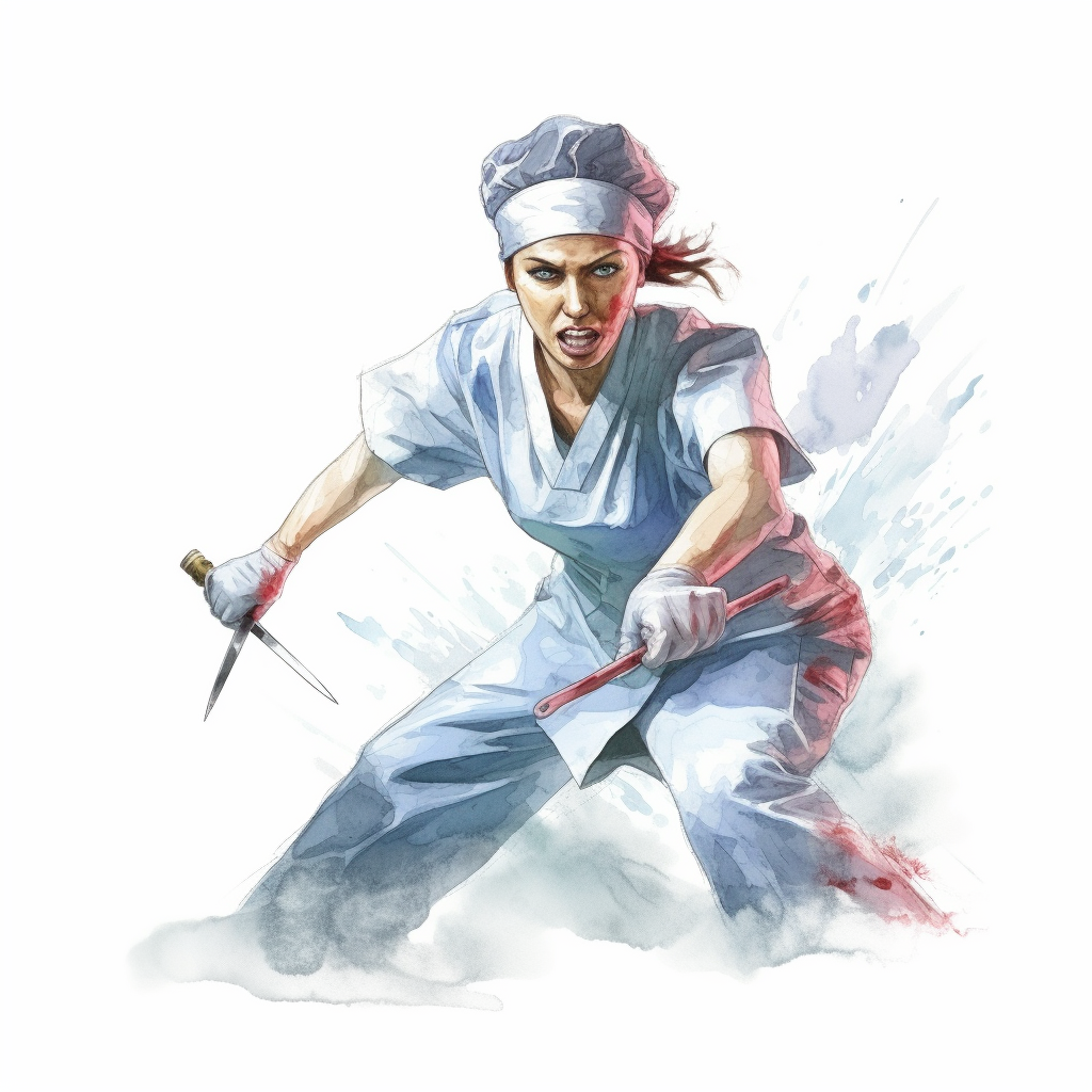 Beautiful nurse attacking with scalpel