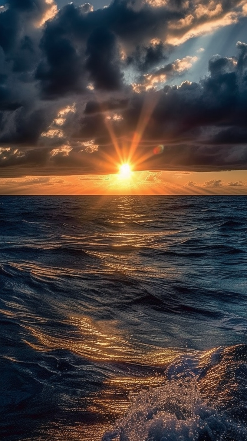 Ocean sunset with beautiful clouds and god rays