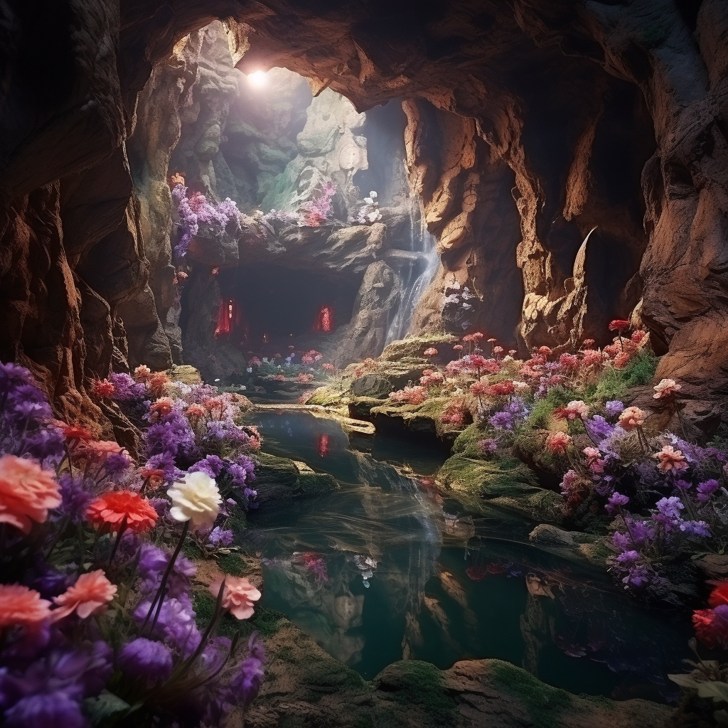 Serene scene of flowers in cave