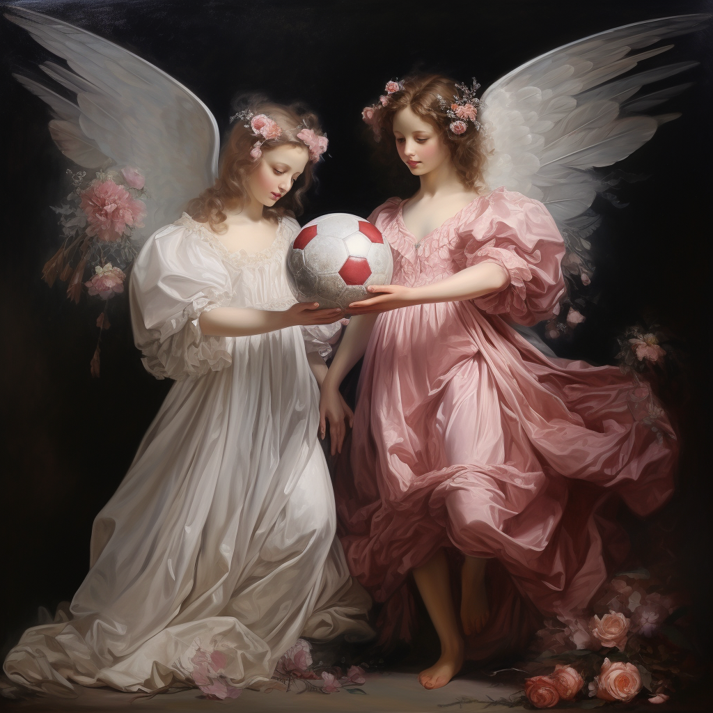 Angels holding soccer ball in Renaissance style