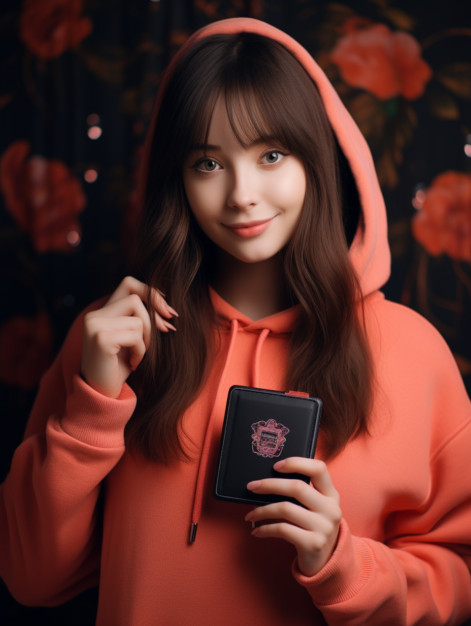 Beautiful girl in hoodies with black passport cover