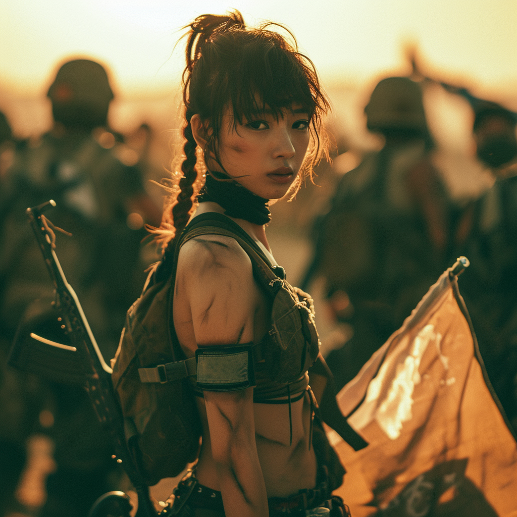 Beautiful Japanese girl in cyberpunk wastelander outfit