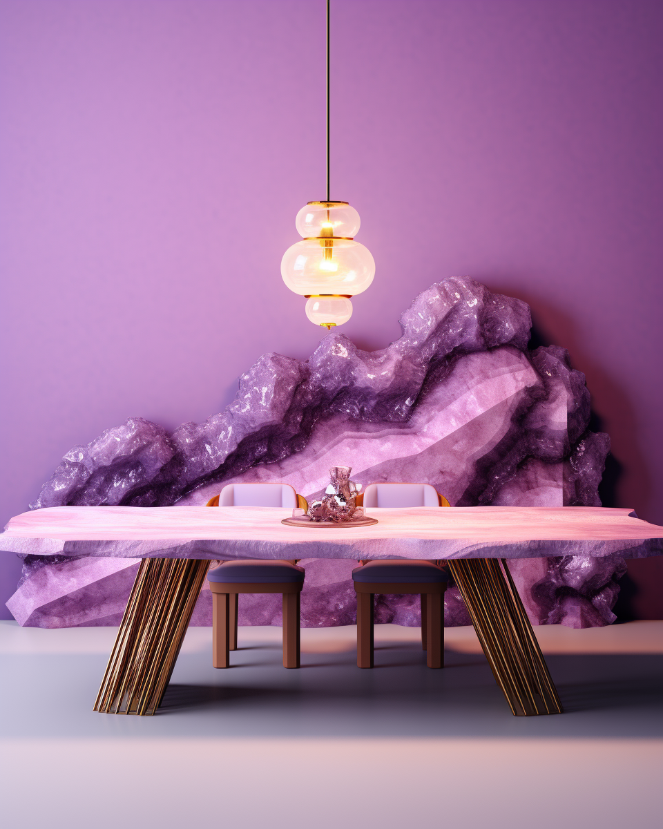 Beautiful purple quartz and geode flat dining table