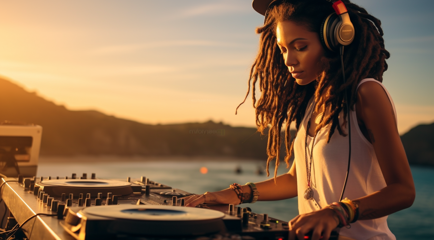 Stylish DJ woman mixing by the sea