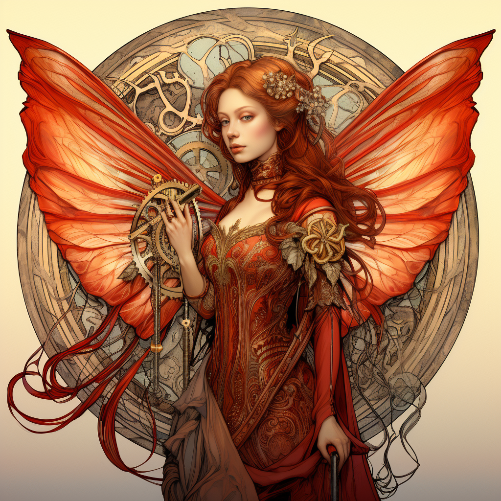 Red Angel Woman with Mechanical Dragonfly