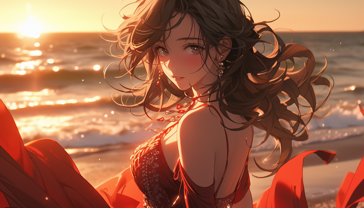 Beautiful girl in red dress by the ocean