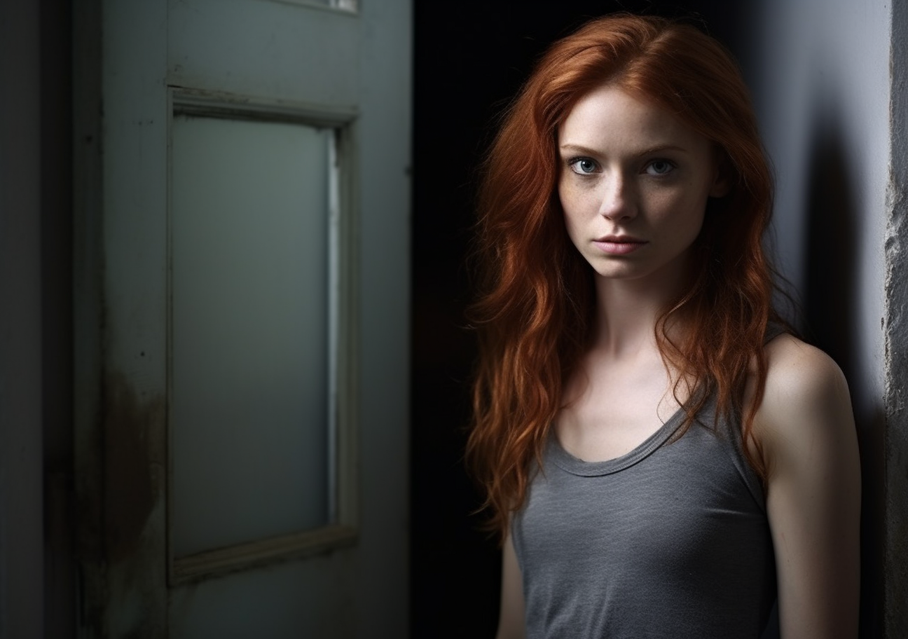 Beautiful redhead woman in minimal apartment doorway