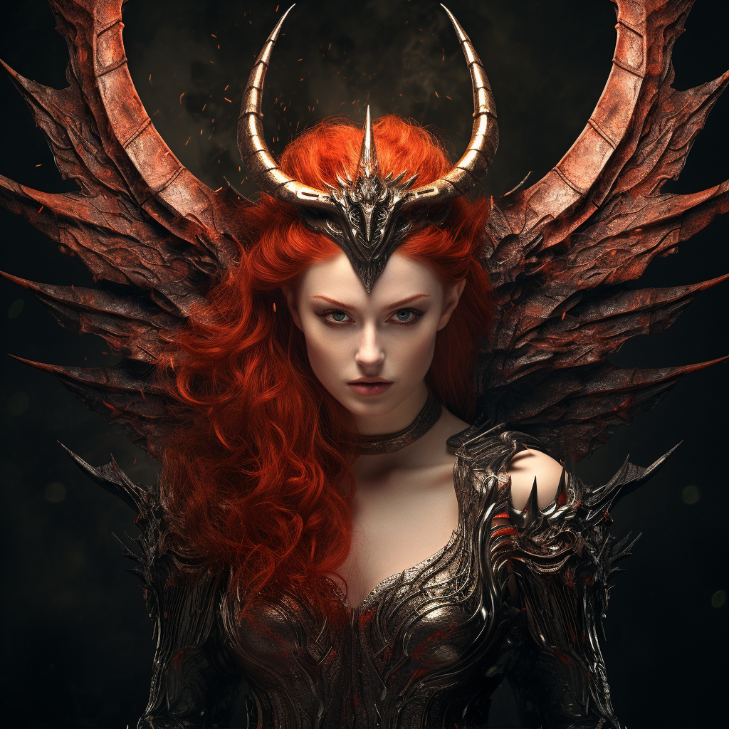 Gorgeous redhead woman with horns and bat wings