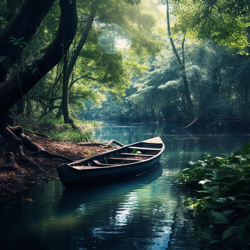 Serene forest with river and boat