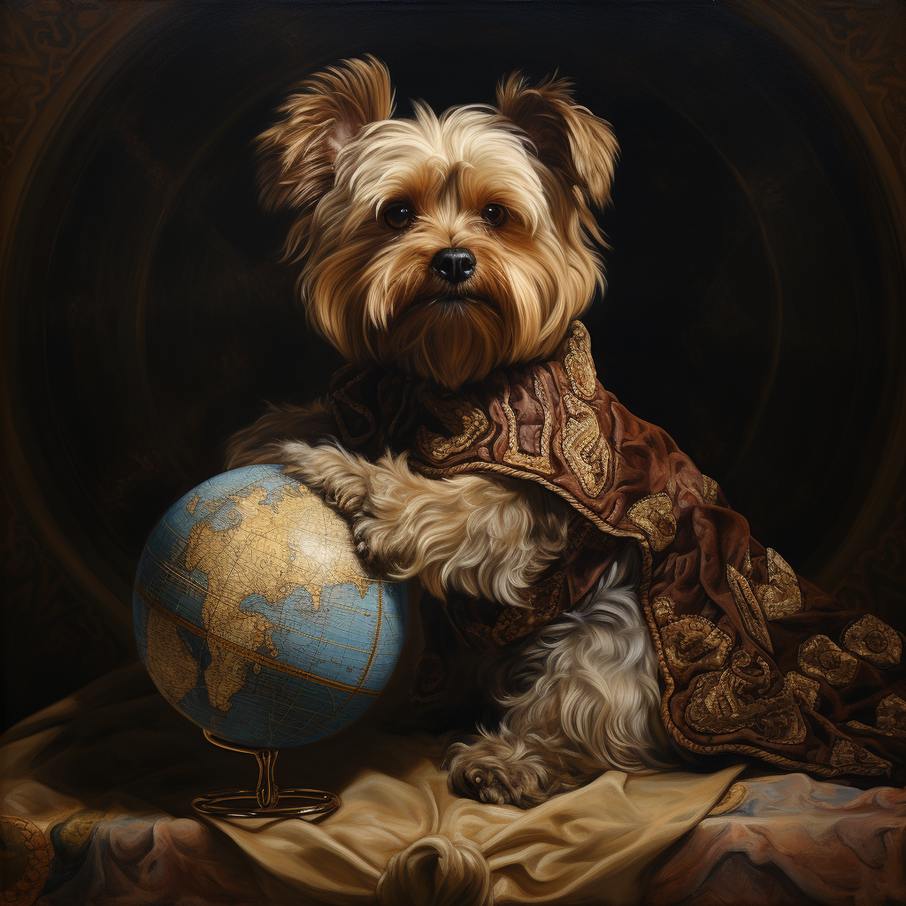 Adorable Yorkie holding a Renaissance masterpiece