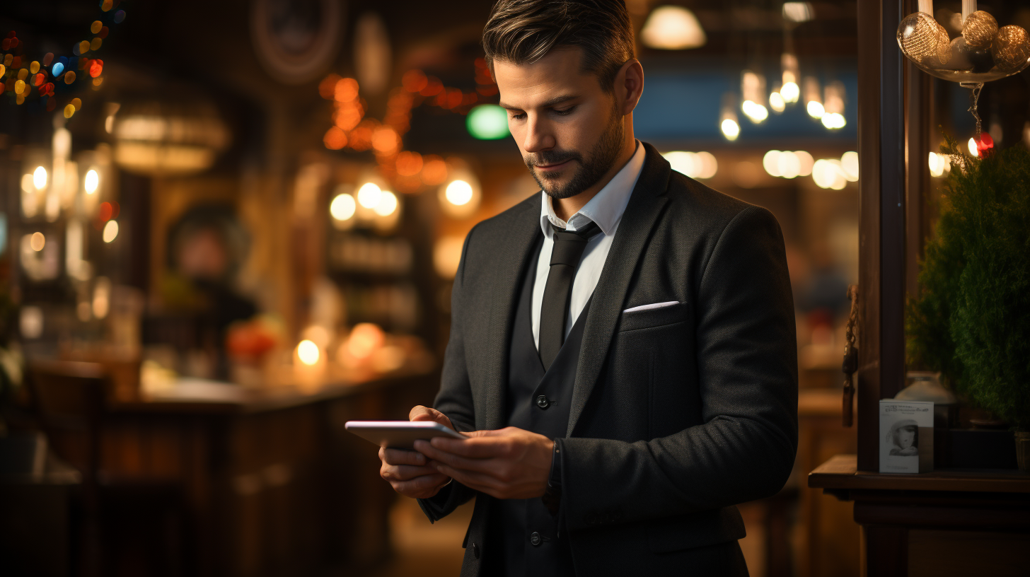 Professional hostess holds iPad at restaurant