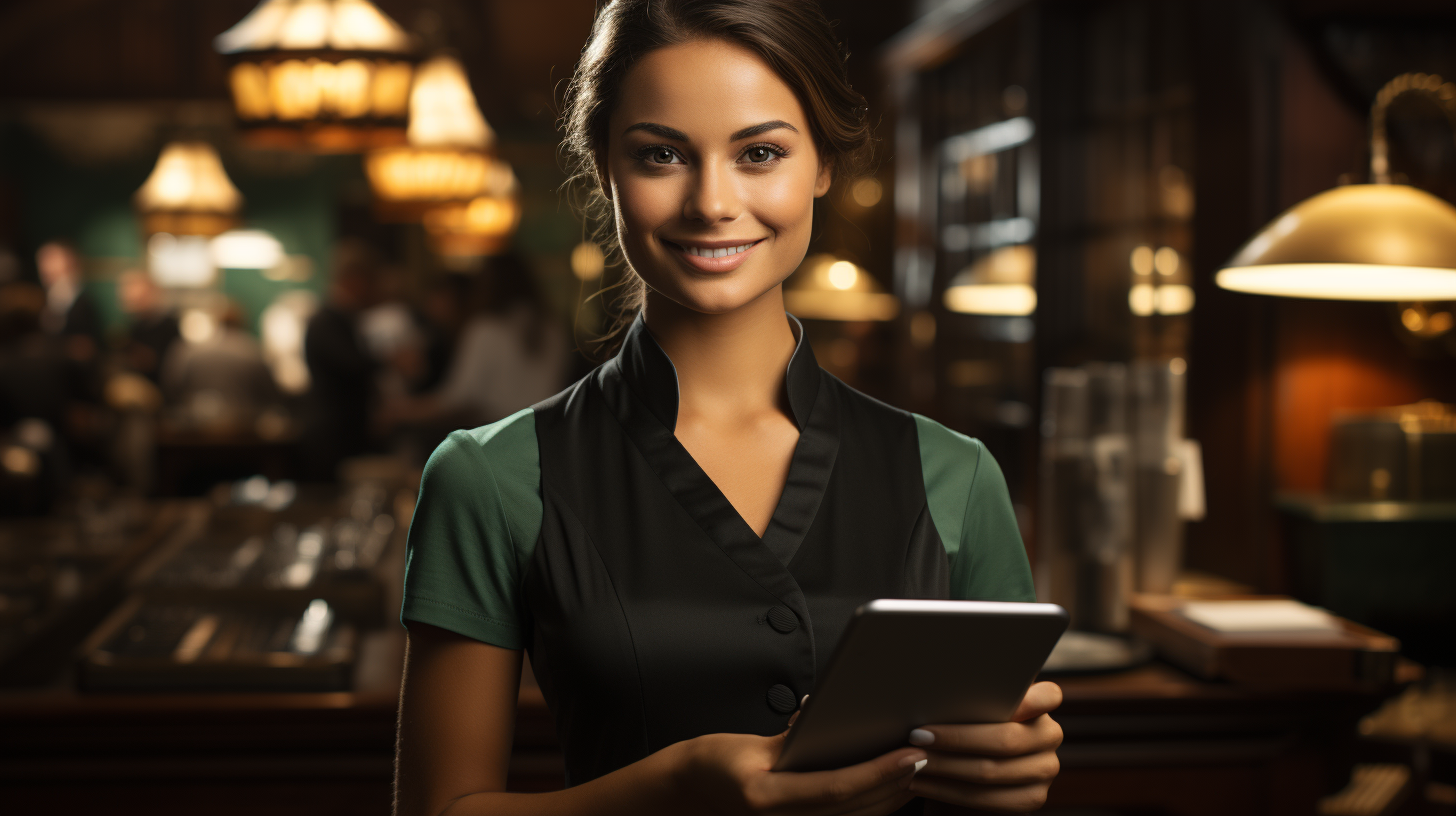 Smiling restaurant hostess welcoming guests with an iPad