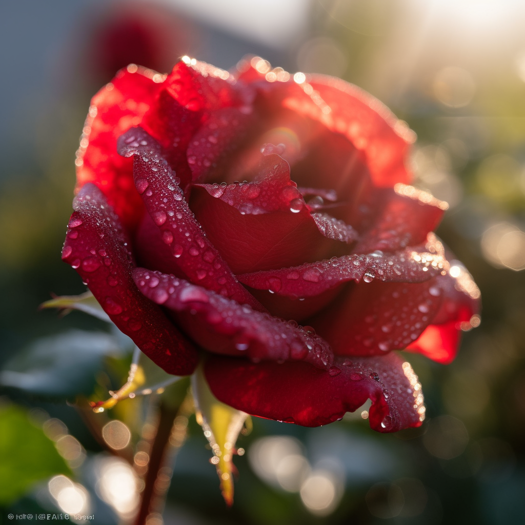 Exquisite red rose with dewdrops