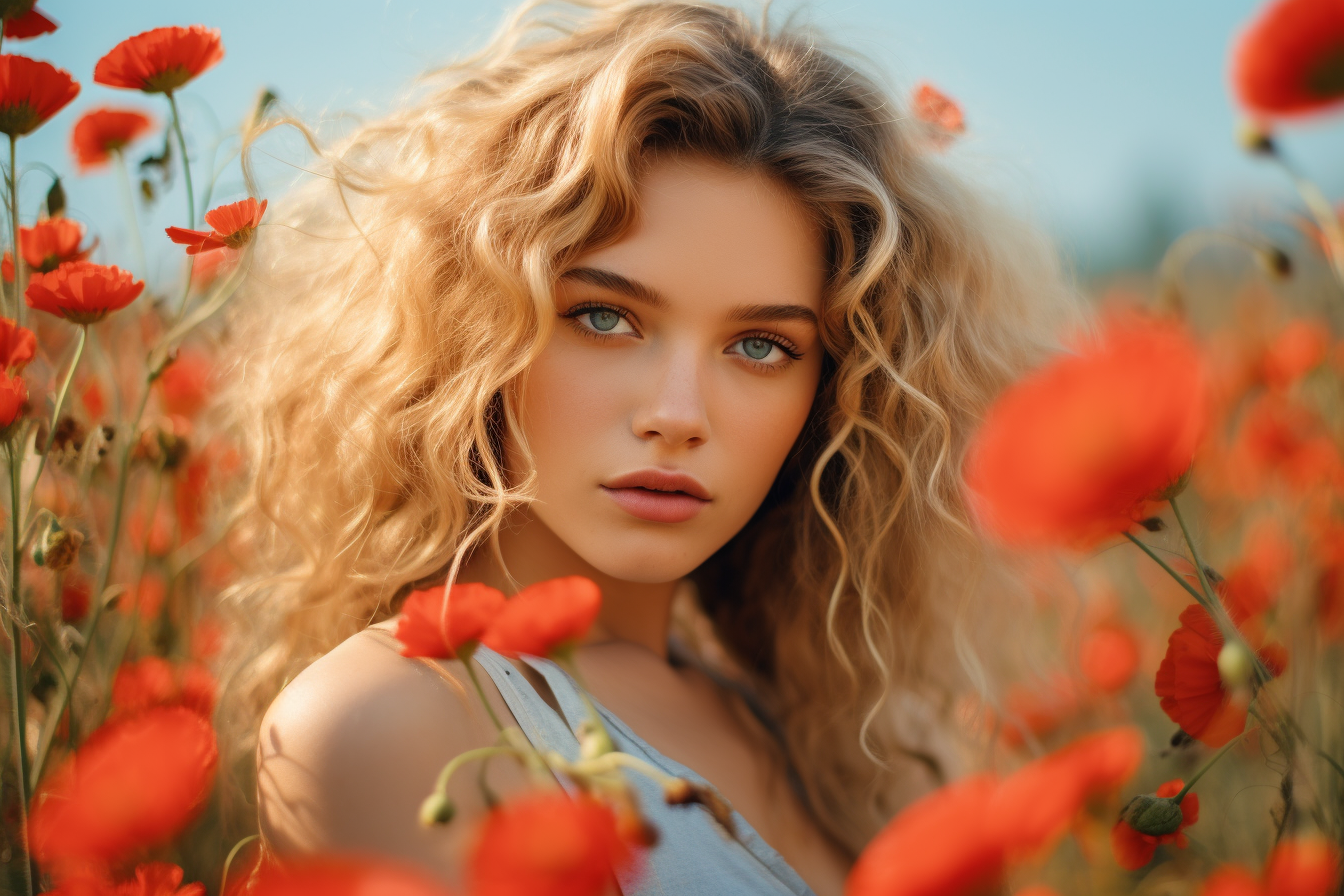 Russian model with blonde curly hair in a poppy field