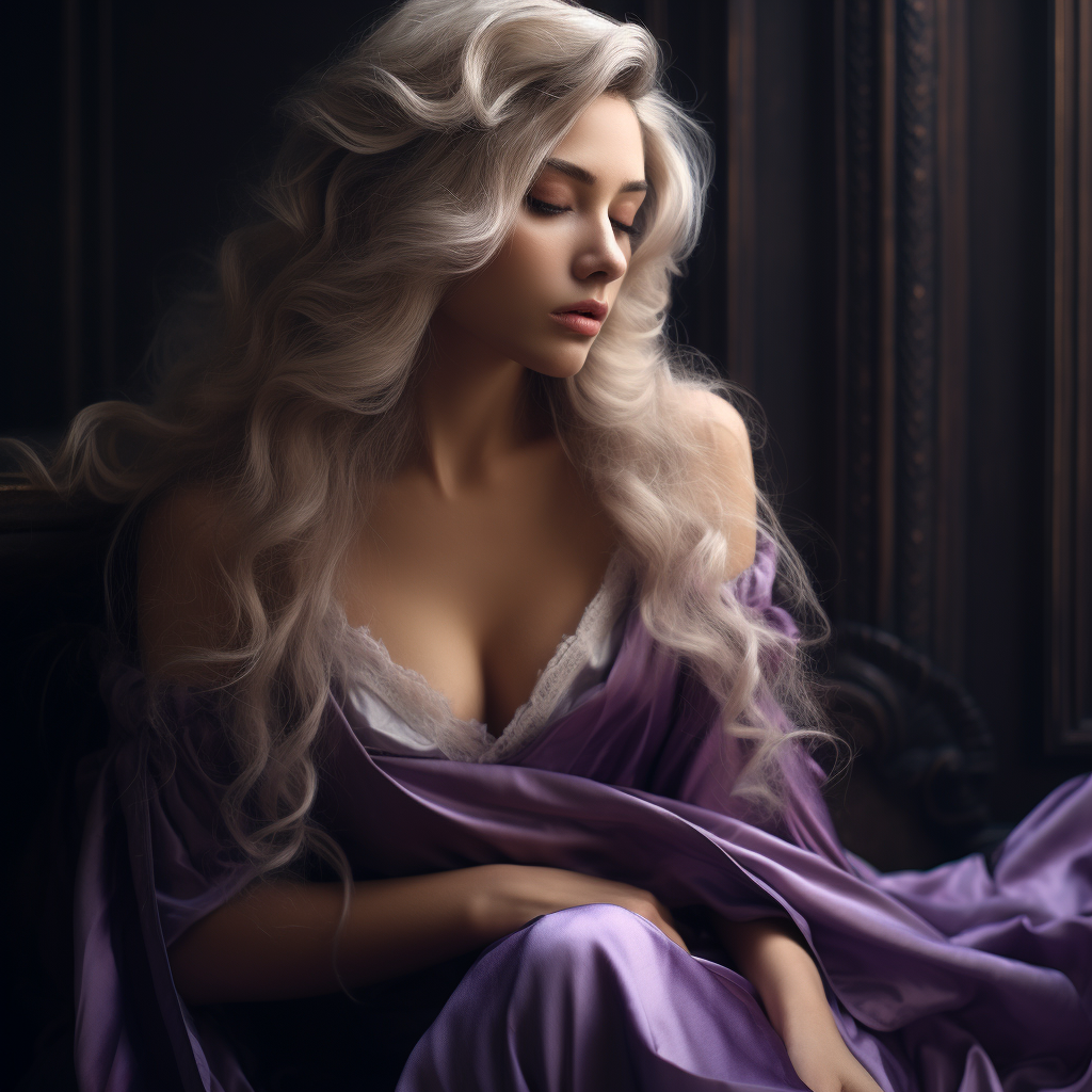 Sad woman with white wavy hair in purple gown