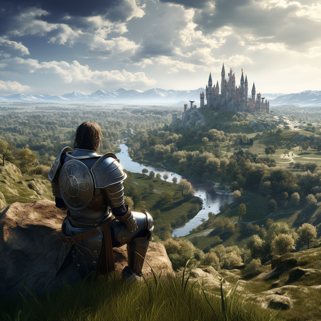 Warrior overlooking meadow, river, castle