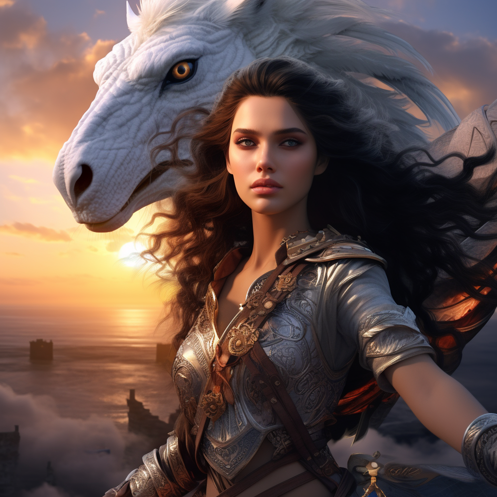 Beautiful she-elf priestess riding griffin at dusk