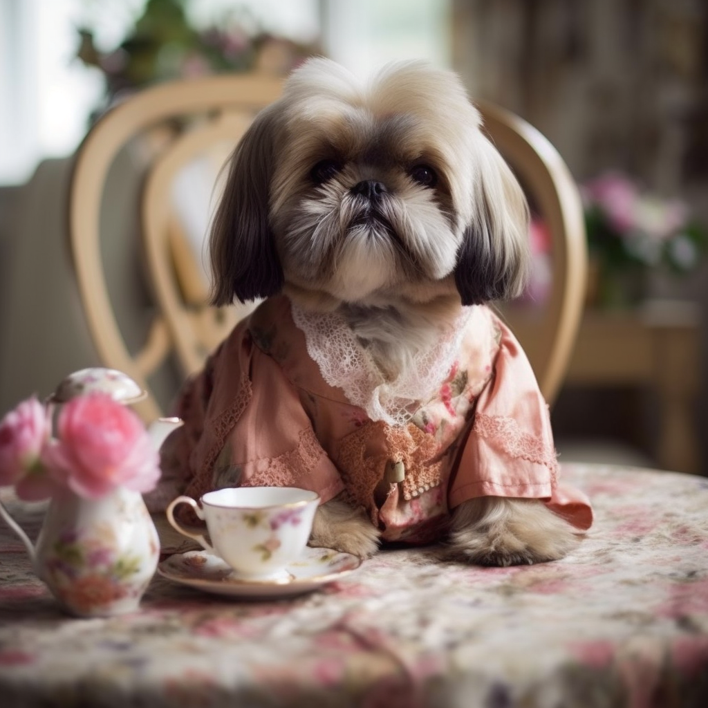 Adorable shihtzu dog in a pink dress having a tea party