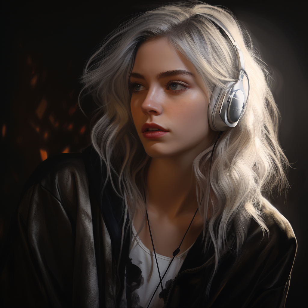 Stunning silver-haired supermodel with headphones