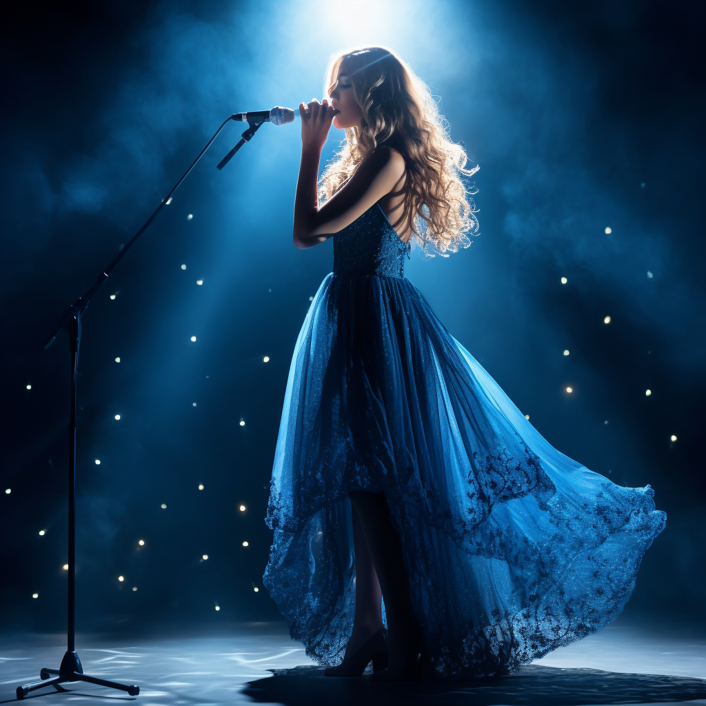 Beautiful singer in blue dress performing